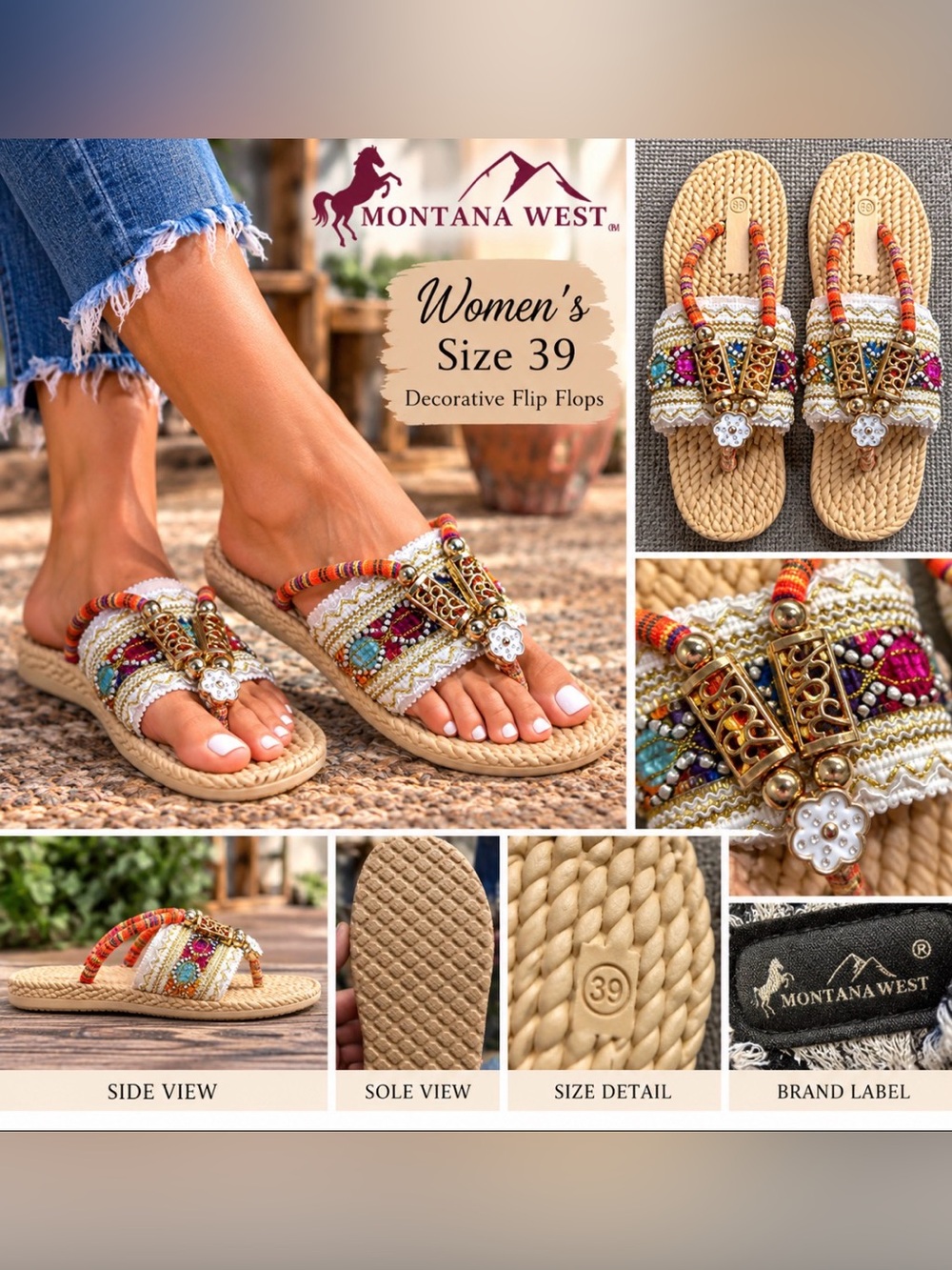Beaded Cream Braided Strap Women's Sandals Sz 39